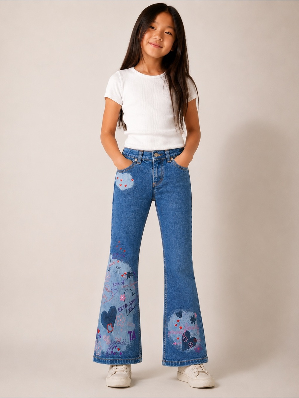 Youth Girls Gap Kids Bootcut Jeans Heart Graphic Blue Denim Pants Size 7